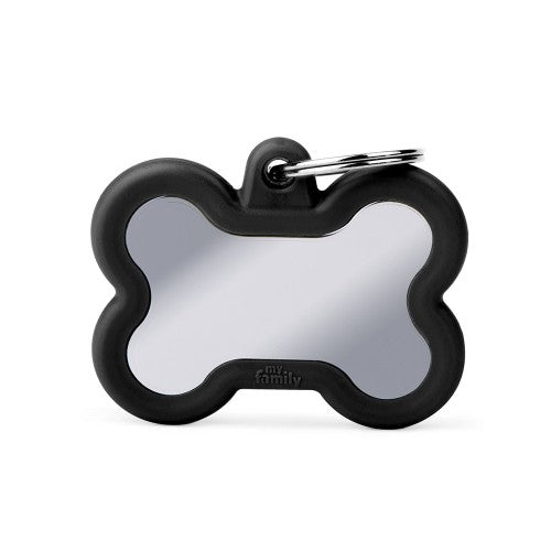 MyFamily Hushtag Big Black Chrome-Plated Brass Bone ID Tag with Black Rubber