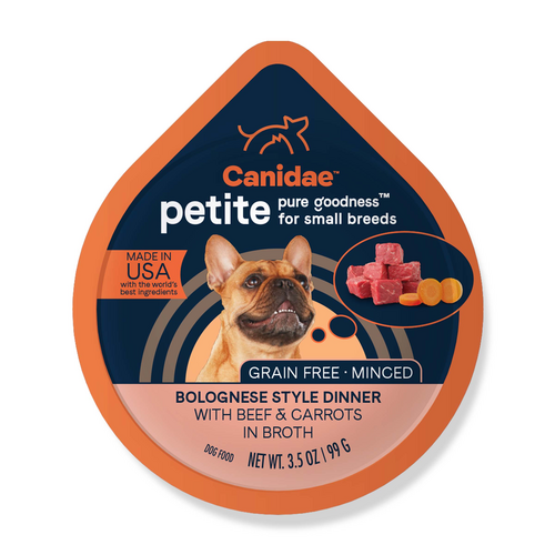 Canidae Grain Free PURE Petite Small Breed Bolognese Style Dinner Minced with Beef and Carrots in Broth Wet Dog Food (3.5-oz, single cup)