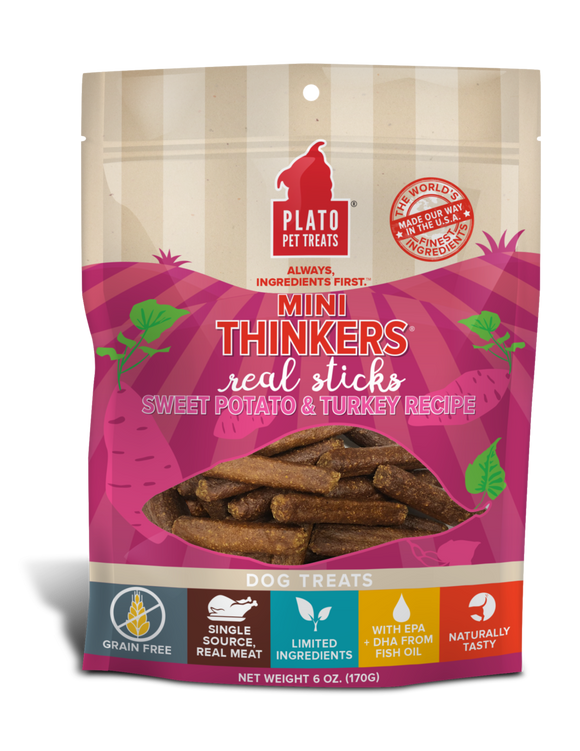 Platos Mini Thinkers Grain Free Sweet Potato & Turkey Meat Stick Dog Treats (8 oz)