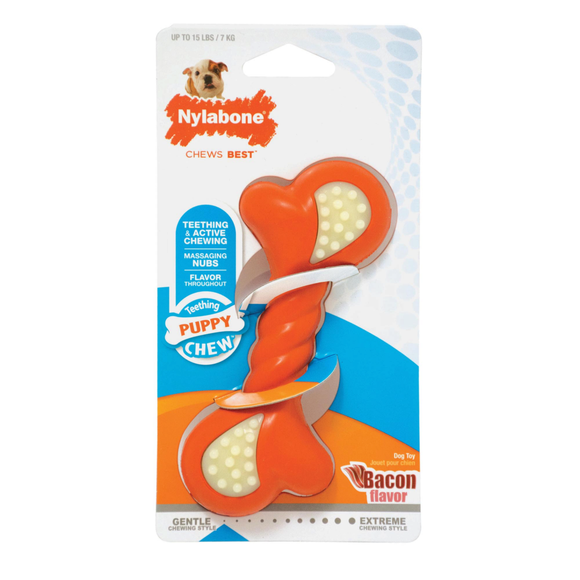 Nylabone Just for Puppies Double Action Bone Puppy Dog Teething Chew Toy (XS, Bacon)